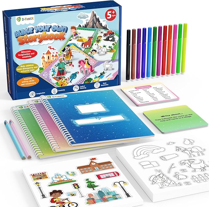 D-FantiX My Storybook Art Kit, Creative Activity for Boys Girls, Hardcover Comic Book Making kit with Stickers, DIY Craft Art Drawing Gifts for Kids