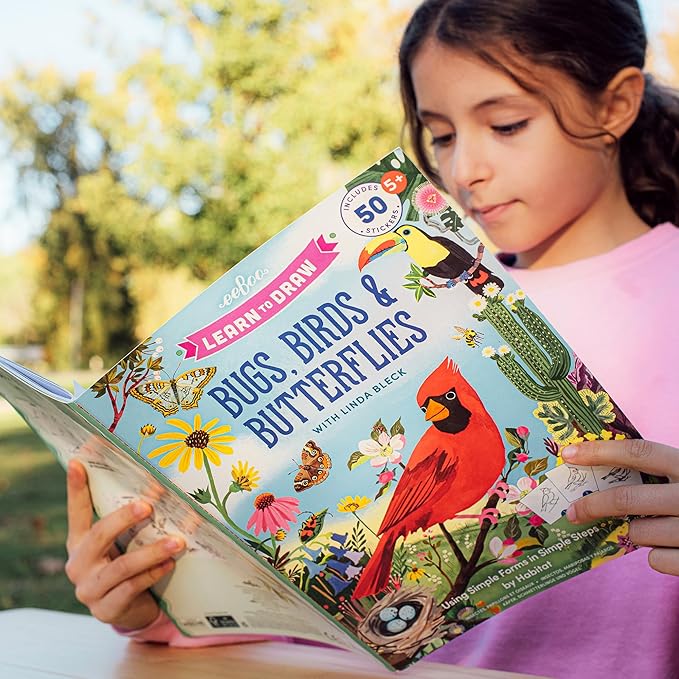 eeBoo: Learn to Draw - Bugs, Birds & Butterflies - 32 Page Activity Book & 50 Stickers Set, Fun Nature-Themed Step-by-Step Drawing & Coloring, Kids 5+