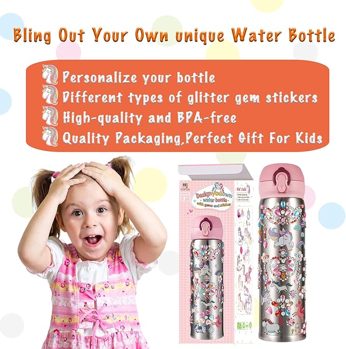 YOFUN Decorate Your Own Water Bottle with 11 Sheets of Unicorn Stickers & Glitter Gems, Craft Kit & Art Kit for Children, Gift for Girls Age 4 5 6 7 8 9 10 Years Old Kids, BPA Free Insulated (Silver)