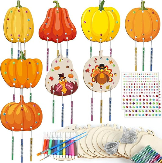 gisgfim 16 Pack Thanksgiving Pumpkin Wind Chime Crafts Kits for Kids Make Your Own Pumpkin Wind Chime Wooden DIY Arts and Crafts for Fall Party School Classroom Decorations Supplies Birthday Favors