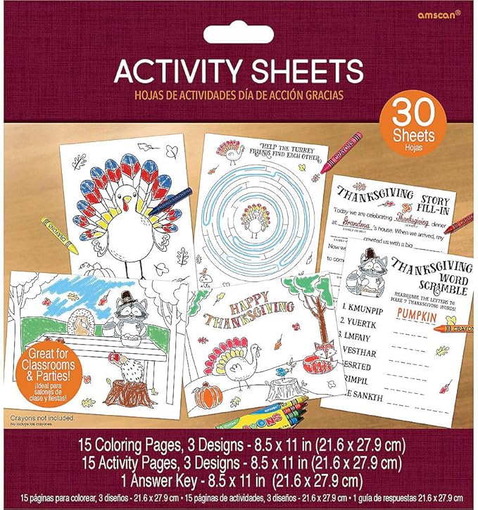 Thanksgiving Activity Paper Sheets Set - 8.5" x 11" (31-Piece) | Engaging Holiday Entertainment for Children's Parties & Events