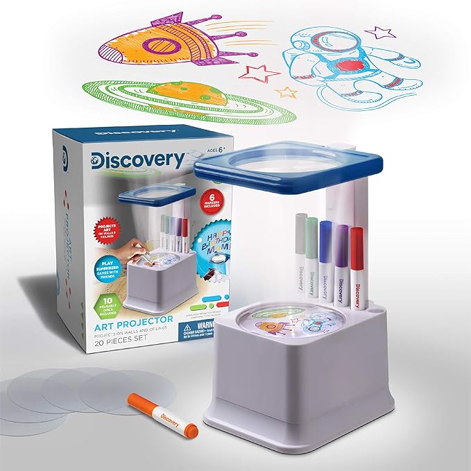 Discovery Kids Art Projector with Six Dry Erase Markers and 10 Reusable Drawing Discs, Draw on Reusable Transparent Sheets, Magnify and Project Art onto Ceilings, Walls, and More
