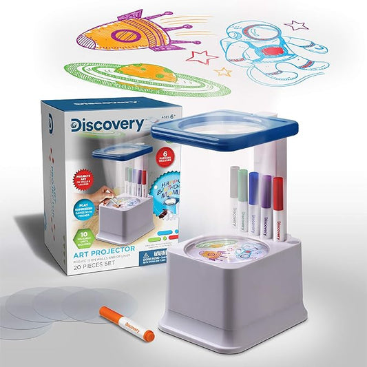 Discovery Kids Art Projector with Six Dry Erase Markers and 10 Reusable Drawing Discs, Draw on Reusable Transparent Sheets, Magnify and Project Art onto Ceilings, Walls, and More