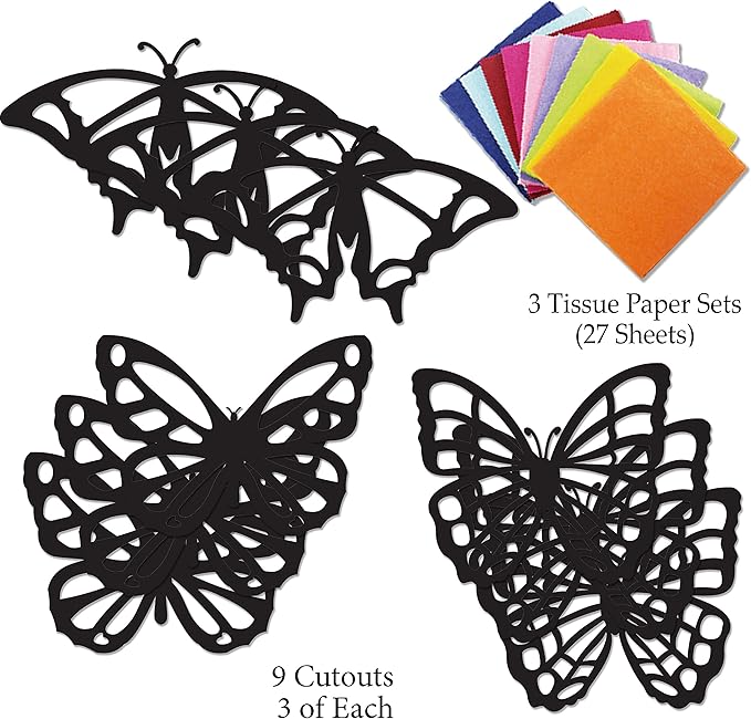 VHALE Suncatchers Craft 3 Sets (9 Cutouts) w Tissue Papers Stained Glass Effect Paper Sun Catcher Kit, Window Art, Classroom Crafts, Creative Art Projects, Kids Party Favors (Butterfly)