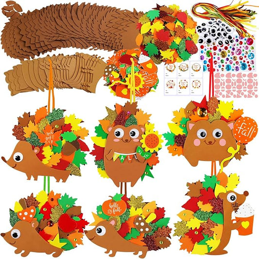 Winlyn 24 Sets Fall Craft Kits Fall Kids Crafts DIY Fall Leafy Hedgehog Ornaments Decorations Art Sets Autumn Leaf Foam Stickers Arts and Crafts Googly Eyes for Kids Thanksgiving Classroom Activities