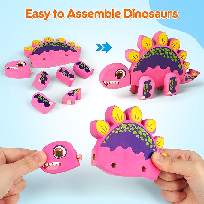 Mocoosy Wooden Dinosaur Painting Art Craft Kit for Kids 3-5, Wood Take Apart Dinosaur Snap Together Building Toy, Build Your Own Dinosaur with Paint and Stickers STEM Game Creative Gift for Boys Girls