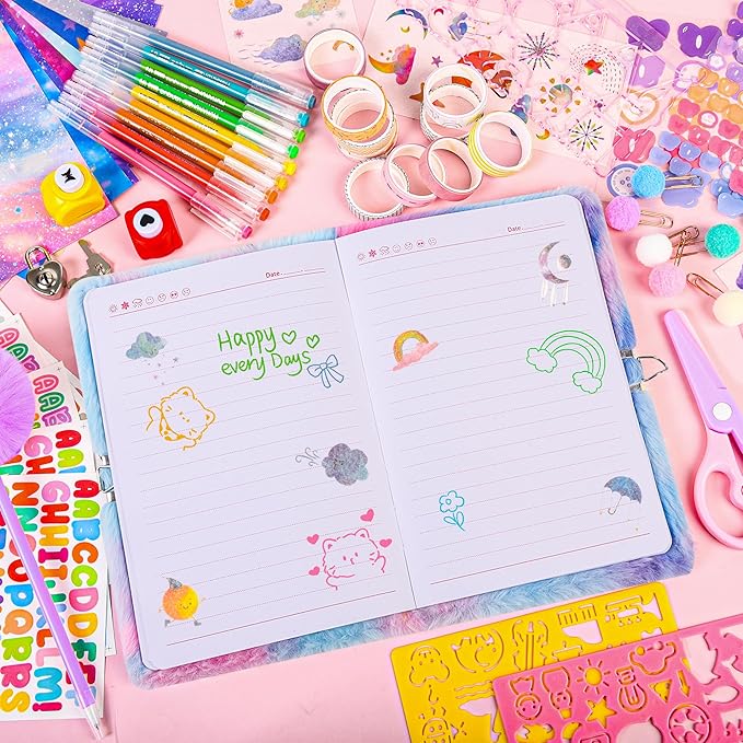 LiYiQ Plush Unicorn Diary Gift for Girls Kids Travel Journal Secret Diary with Scrapbook Paper Stickers Journal Stencils Pompom Pen and Washi Tape Practical Set Gift for Birthday Christma