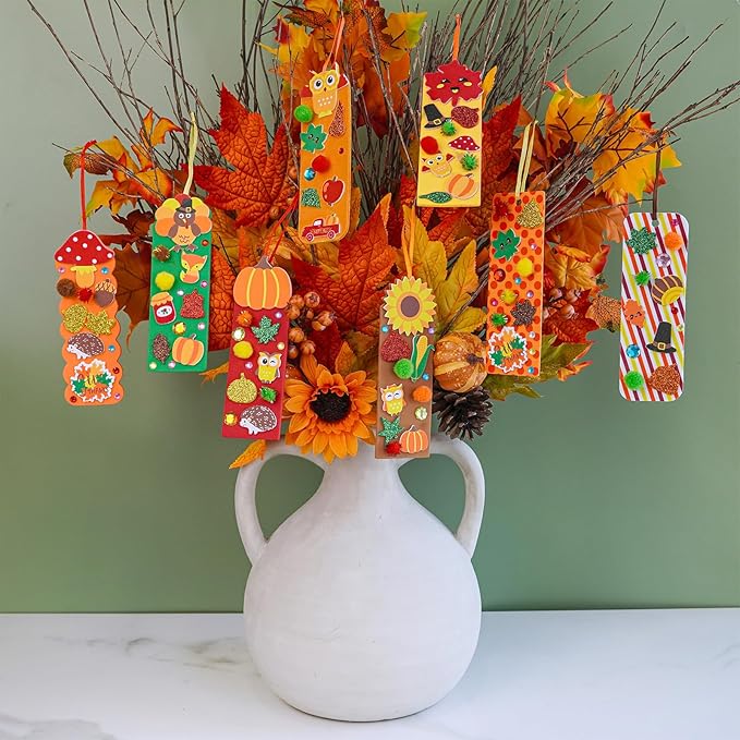 Winlyn 32 Sets Fall Crafts Kits DIY Fall Bookmarks Decorations Art Sets Maple Leaves Smile Face Owl Turkey Pumpkins Foam Stickers Arts and Crafts for Kids Thanksgiving Halloween Classroom Activities