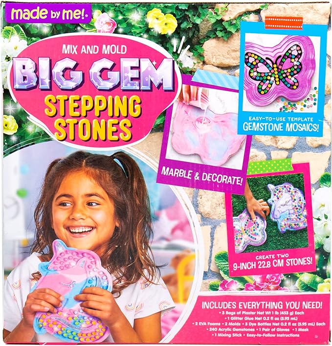 Made By Me Mix & Mold Big Gem Stepping Stones, Make Your Own Stepping Stones Kit, Create Two 9” Stepping Stones, For Kids Ages 6, 7, 8, 9, 10, Great Birthday Party Idea, Spring & Summer Craft Activity