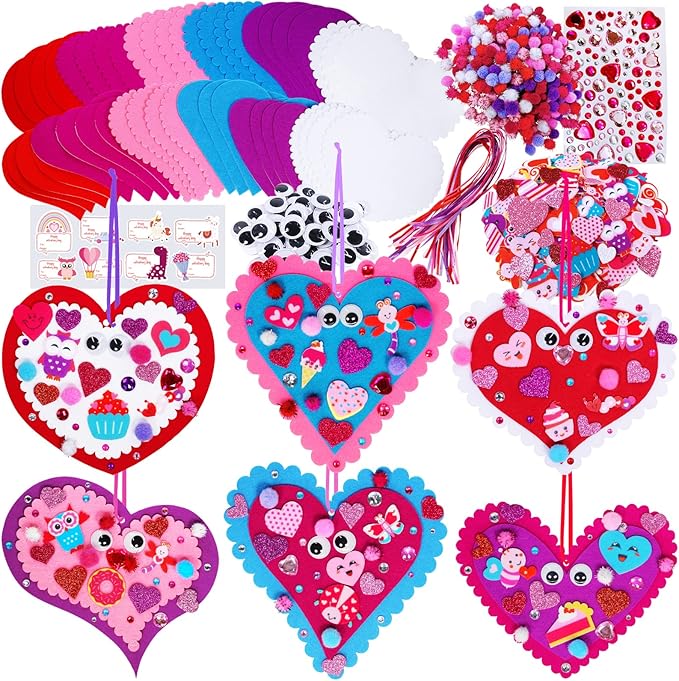 Winlyn 24 Sets Valentine's Day Heart Ornaments Decorations DIY Felt Heart Valentine Craft Kits Assorted Felt Heart Stickers Googly Eyes for Kids Valentine Gift Exchange Classroom Activity Art Project