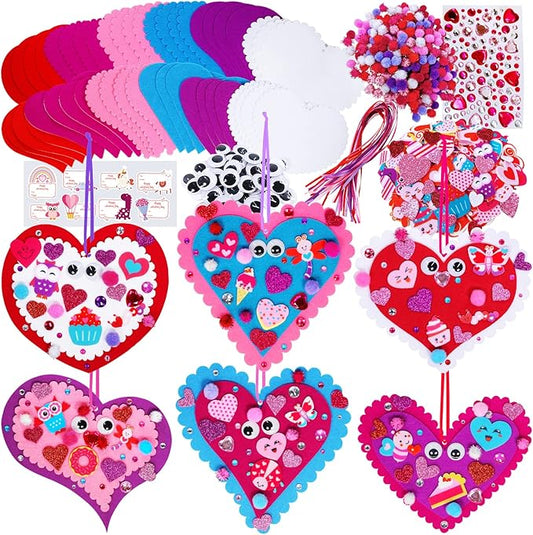 Winlyn 24 Sets Valentine's Day Heart Ornaments Decorations DIY Felt Heart Valentine Craft Kits Assorted Felt Heart Stickers Googly Eyes for Kids Valentine Gift Exchange Classroom Activity Art Project