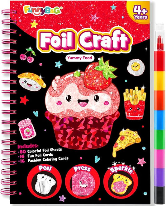 Foil Art Craft Activity for Kids: Fun DIY Toy Sticker Kit, No Mess Creative Travel Supply Set, Idea Birthday Easter Basket Stuffers Valentines Gift for Girl Boy Toddler 4 5 6 7 8 9 Year Old (Food)