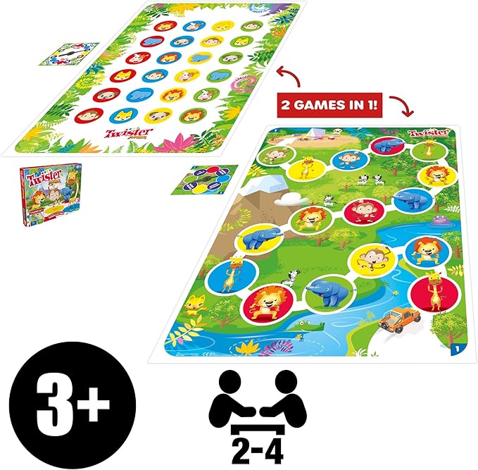 Hasbro Gaming Twister Junior Game, Animal Adventure 2-Sided Mat, 2 Games in 1, Party Game for Kids Ages 3 and Up, Indoor Game for 2-4 Players