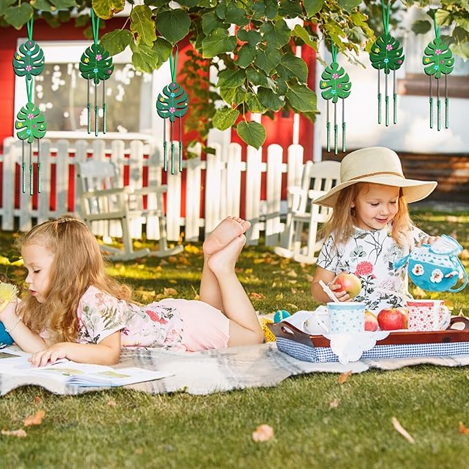 Fennoral 9 Pack Tropical Wind Chime Kit for Kids Make You Own Monstera Leaf Wind Chimes Ornaments DIY Coloring Wooden Art and Craft for Summer Art Activities Aloha Hawaii Tropical Party Decorations