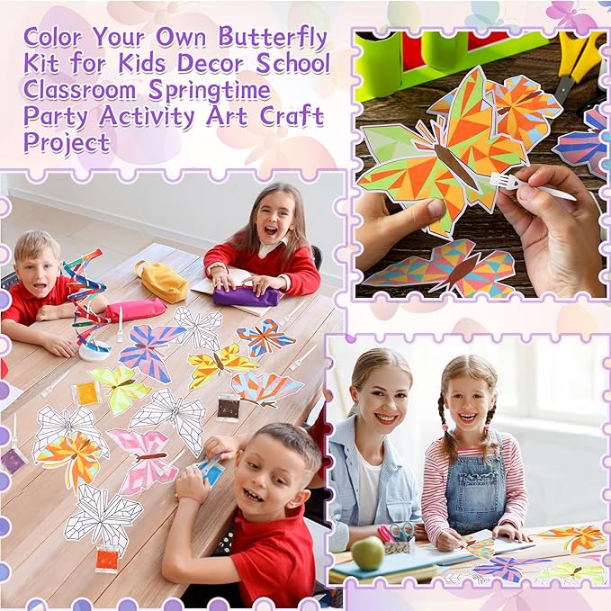 Halloscume 24 Sets Butterfly Sand Art Kits for Kids DIY Craft Sand Painting Kit with Colored Sand Brushes Spring Butterfly for Sunday School Classroom Fun Home Creative Activities