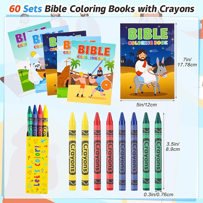 60 Set Bulk Bible Coloring Books with Crayons for Kids Chrismas Verse Religious Drawing Books Bulk Christian Story Activity Supplies, DIY Sunday School Crafts, Bible Party Favors Gifts