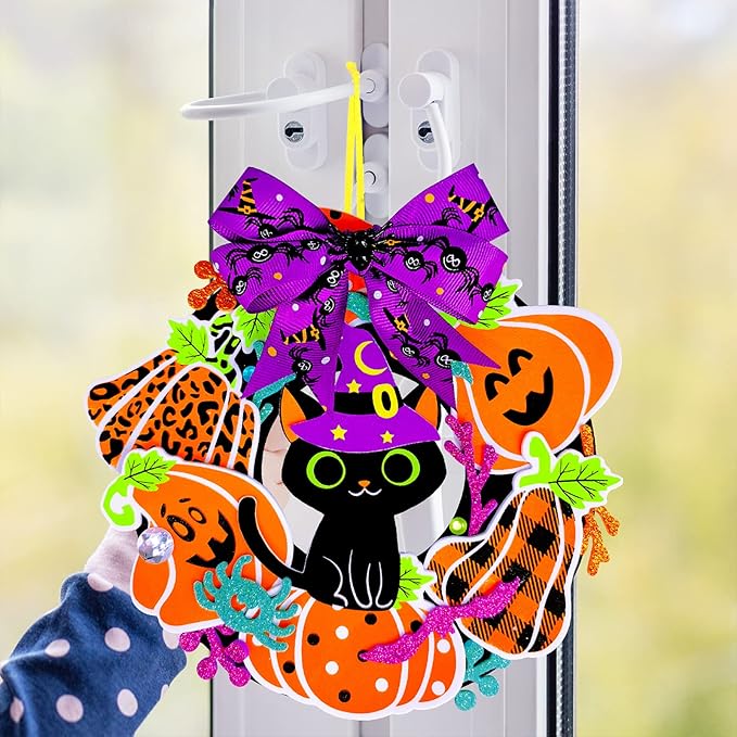 Winlyn 12 Sets Halloween Craft Kits Fall Crafts DIY Halloween Wreath Decorations Art Sets Pumpkin Monster Candy Corn Spider Bat Arts and Crafts Halloween Foam Stickers for Kids Classroom Activities