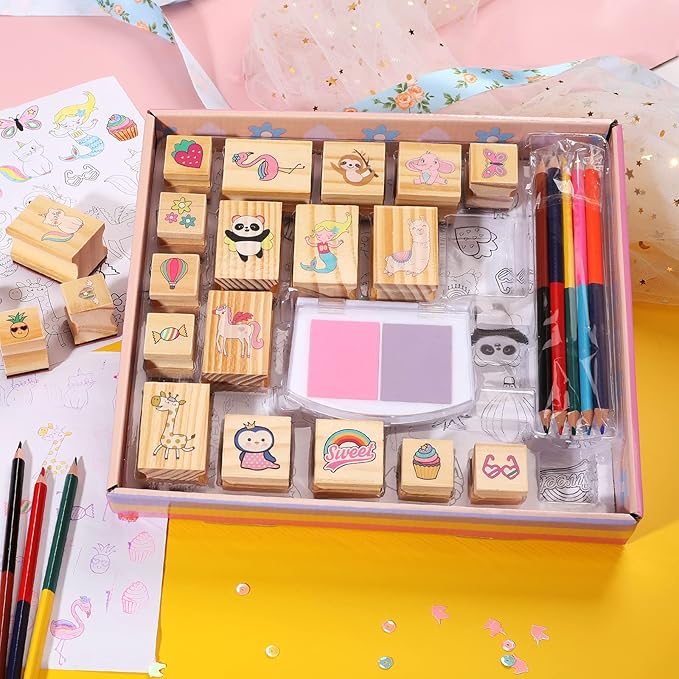 Unicorn Wooden Stamp and Sticker Set for Girls, Unicorn, Mermaid, Panda, Alpaca, Sloth, Cats, Rainbow, Butterfly Stamps, Activity Craft Set for Girls Boys Kids Gift Ages 4 5 6 7 8 9 10 Years Old