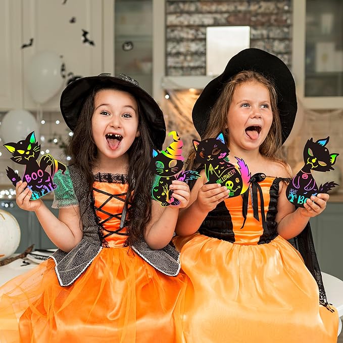 CY2CSIDE Halloween Black Cat Scratch Cards - 60PCS Halloween Spooky Ornament Scratch Card Gift Set for Kids DIY Black Cat Skull Magic Arty Rainbow Color Bookmark Craft Kit for Kids School Activity