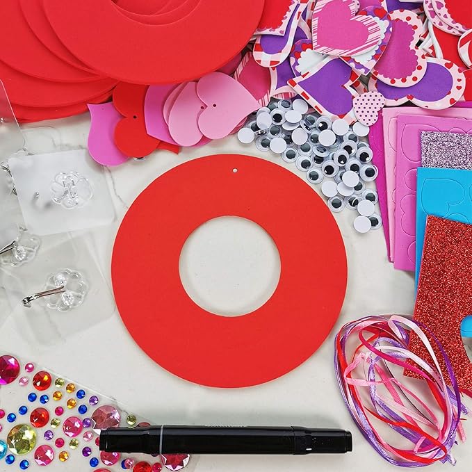 Winlyn 12 Sets Heart Wreath Ornaments Decorations Valentine Crafts Kits for Kids Classroom DIY Valentine's Day Heart Wreath Assorted Heart Cutouts Foam Stickers Googly Eyes Valentine Gift Exchange