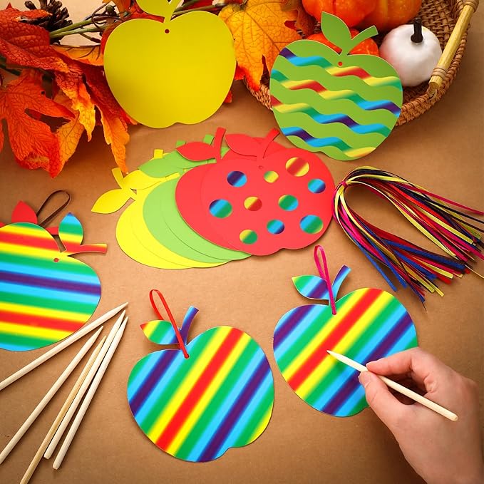 Liliful 60 Set Fall Crafts for Kids Thanksgiving Scratch Crafts Apple Arts and Crafts with Ribbon Wooden Stylus Hanging Craft Kit for Fall Autumn Home Activities School Game Classroom Decoration