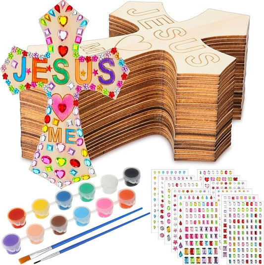 PullCrease Easter DIY Wood Cross Crafts for Kids Religious Craft Kit Sunday School Vacation Bible School Supplies 24 Pack Wooden Cross with Stickers 1 Set Paint(Stylish Style)