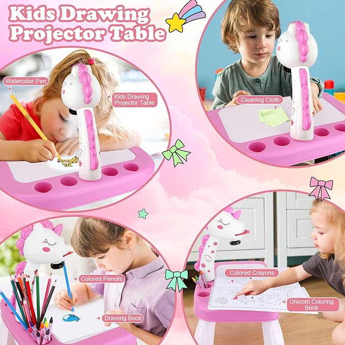 Drawing Projector for Kids, Drawing Board with Music, Color Pens, Pencils, Crayons, Scrapbook, Unicorn Sticker Book, Ideal Toy for 3+ Year Old Girls & Boys (Unicorn Kit)