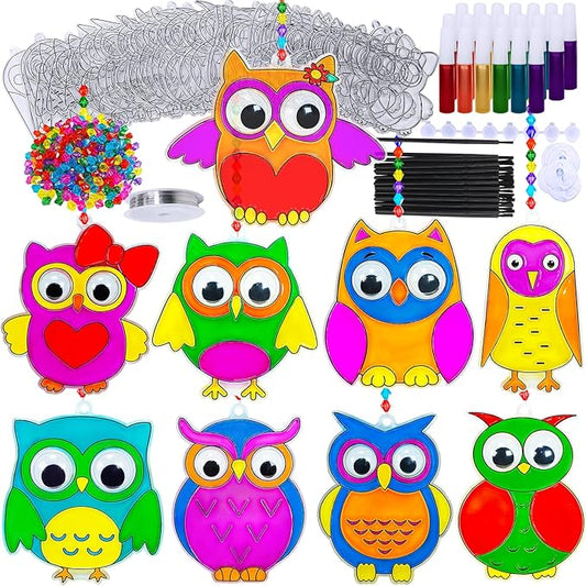 Winlyn 27 Sets Owl Suncatchers Ornaments Decorations DIY Window Paint Art Suncatchers Owl Craft Kits Sun Catchers for Kids Home Classroom Winter Holiday Season Fall Christmas Activities Party Favors