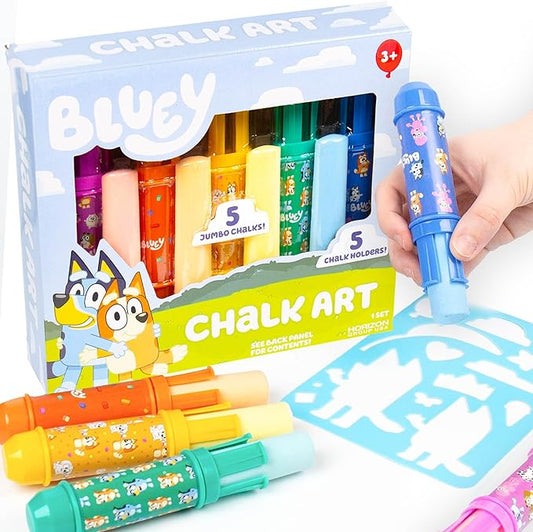 Official Bluey Chalk Art, 5-Pack, Vibrant Sidewalk Chalk For Kids, Includes 5 Chalks, Chalk Holders & Reusable Stencil, Outside Toys for Toddlers 1-3, Bluey Birthday Party Supplies, Bluey Toys