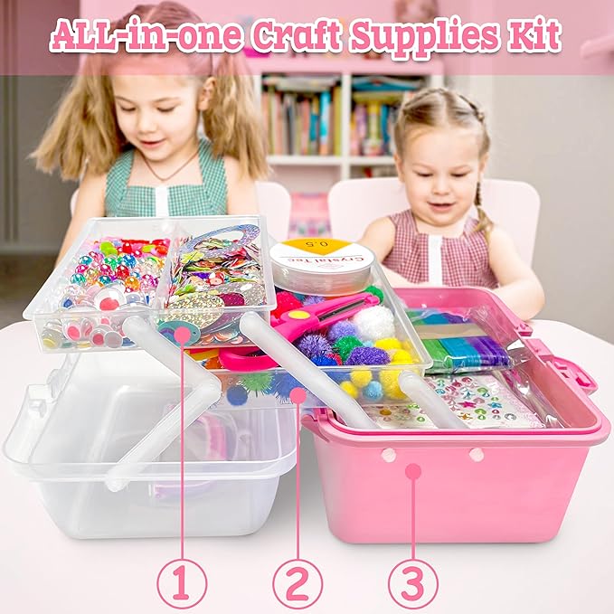 LINAYE 2500+PCS Arts and Crafts Supplies for Kids, DIY Craft Supplies Kit Box for Ages 6-8, Arts and Crafts Kit for Kids, Crafting Supply Set for Girls Boys Birthday Christmas Gifts, Pink