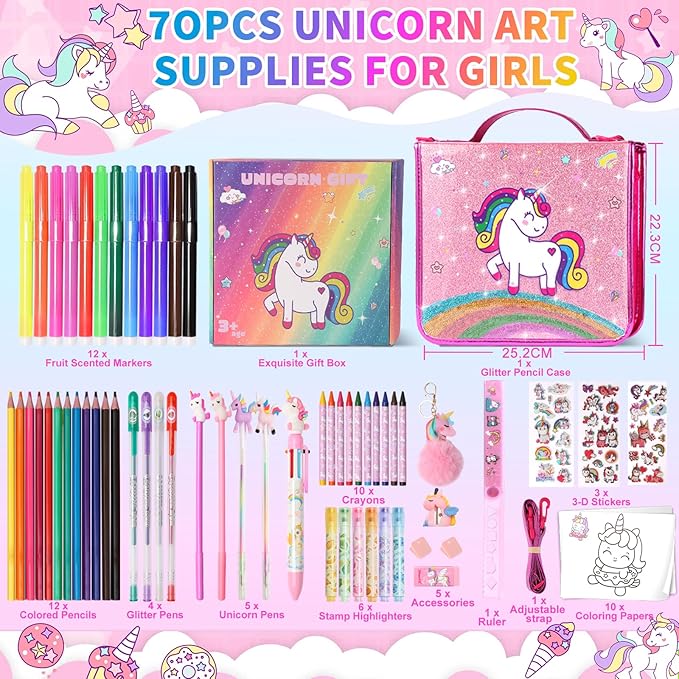 70Pcs Fruit Scented Markers Kit - Kawaii Stationery Set with Unicorn Pencil Case, Art Coloring Drawing Kit for Kid Include Marker, Pencil, Crayon, Pen, Eraser, Sticker, Unicorn Xmas Gift for Girl 4-12