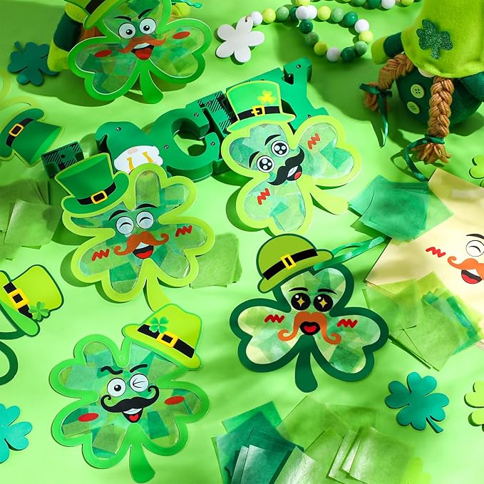 Tinlade 24 Pcs St. Patrick's Day Craft Kit Lucky Shamrock Suncatcher Craft Irish Day Window DIY Tissue Paper Suncatcher Decoration Ornament for Classroom St Patricks Party Favor Supplies