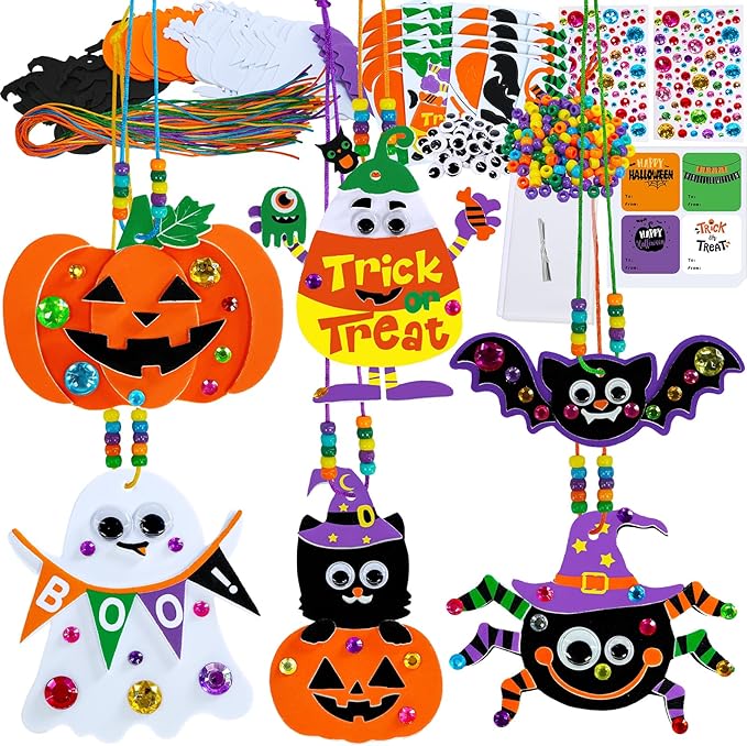 Winlyn 24 Sets Halloween Craft Kits DIY Halloween Art Sets Spider Bat Ghost Pumpkin Foam Halloween Stickers for Kids Fall Home Classroom Activities Trick-or-Treat Party Favors