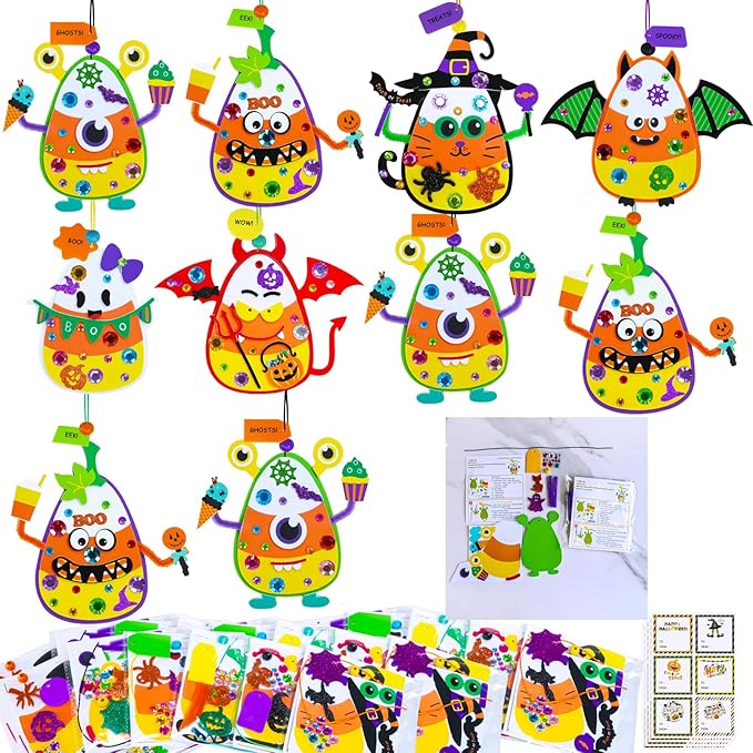 Winlyn 24 Sets Halloween Craft Kits for Kids Ghost Monster Candy Corn Foam Individual Craft Kits Halloween Arts and Crafts for Kids Halloween Home Classroom Activities Party Favors Trick-Or-Treaters