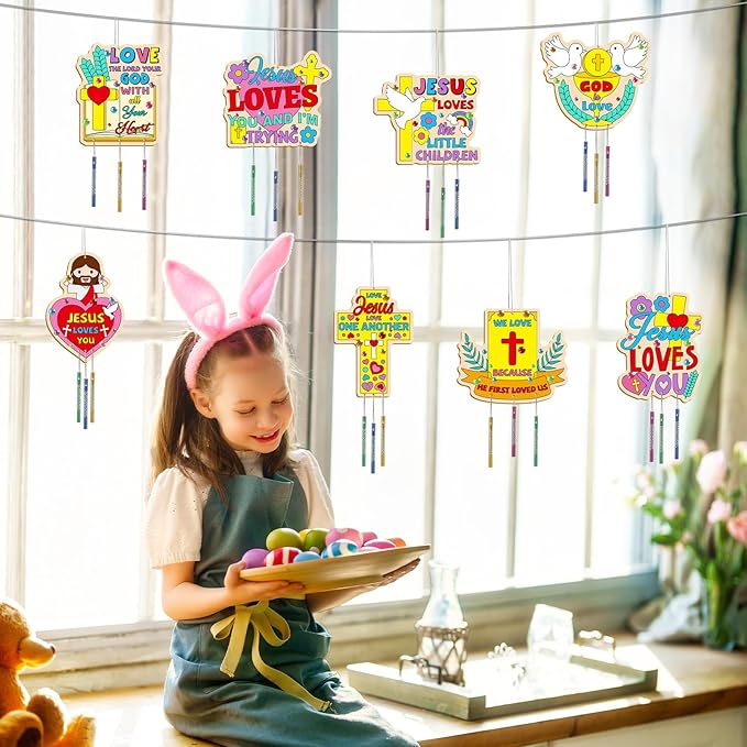 gisgfim 16 Pack Jesus Loves Me Crafts for Kids Wooden Religious Wind Chime Crafts Kits Make Your Own Christian Crafts Wooden DIY Arts for Party School Classroom Decorations Supplies Birthday Favors