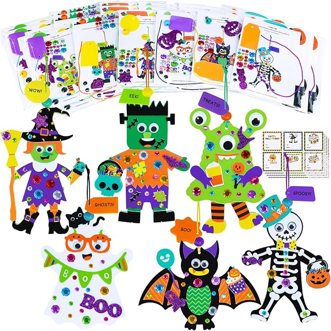 Winlyn 24 Sets Halloween Craft Kits Individual Fall Crafts DIY Bat Ghost Monster Witch Skeleton Frankenstein Ornaments Foam Halloween Arts and Crafts for Kids Holiday Classroom Activities Party Favors