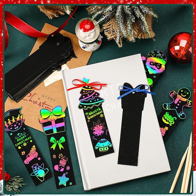 AUGSUN 96Pcs Christmas Scratch Bookmarks, Cute Christmas Tree Santa Snowman DIY Crafts Kit Rainbow Magic Scratch Paper Art for Xmas Hanging Ornaments Christmas Party Favors