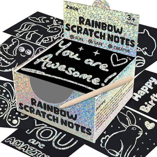 ZMLM Rainbow Scratch Art Paper Mini Note for Kids Gifts Ages 4-8 Bulk Craft Supplies for Teen Girls Boys Easter Basket Stuffers Birthday Classroom Party Games Toy Valentines Day Gift（Silver