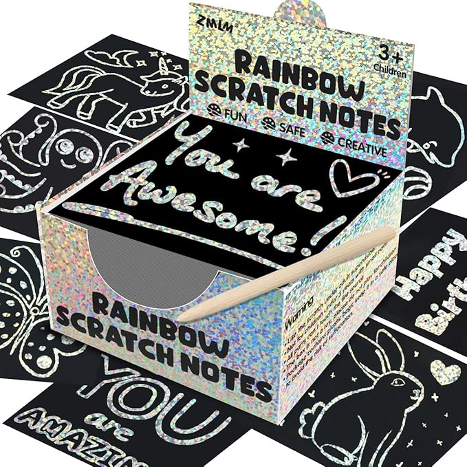 ZMLM Rainbow Scratch Paper Art Mini Notes Easter Basket Stuffers for Kids Teens Gifts Ages 4-8 Bulk Craft Supplies for Girls Boys Birthday Classroom Party Games Toy Stocking Stuffers(Silver)