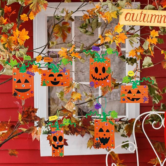 Winlyn 24 Sets Fall Crafts Kits Halloween Crafts Individual Fall Kids Crafts DIY Pumpkin Fall Decorations Craft Sticks Pumpkin Foam Stickers Arts and Crafts for Kids Classroom Activities Party Favors
