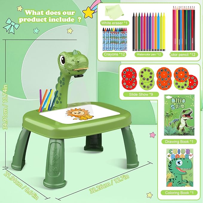 Drawing Projector for Kids, Drawing Board with Music, Color Pens, Pencils, Crayons, Scrapbook, Dinosaur Sticker Book, Ideal Toy for 3+ Year Old Girls & Boys (Dinosaur Kit)