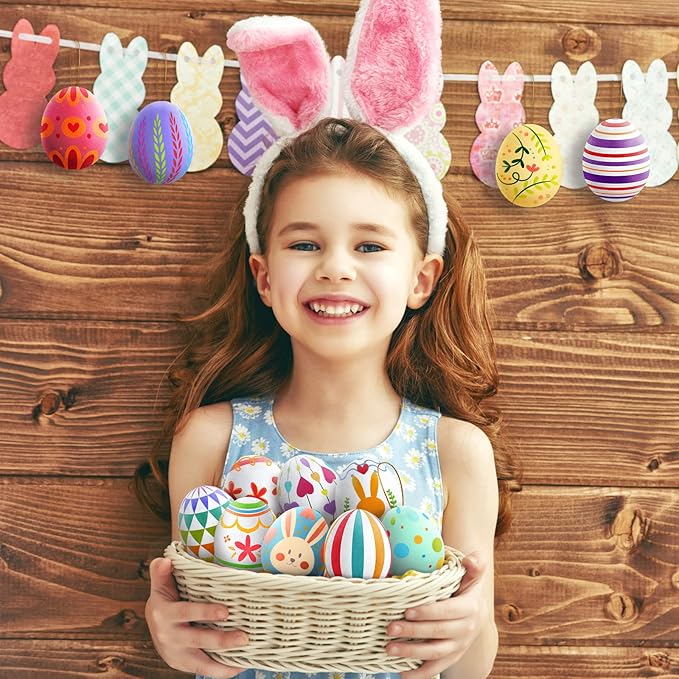 SpringFlower White Easter Eggs Painting Kit-24 Paintable Flocking Eggs with Doodle Kit for DIY Design with Rope for Easter Decoration/ Hunts,Basket Stuffers Fillers