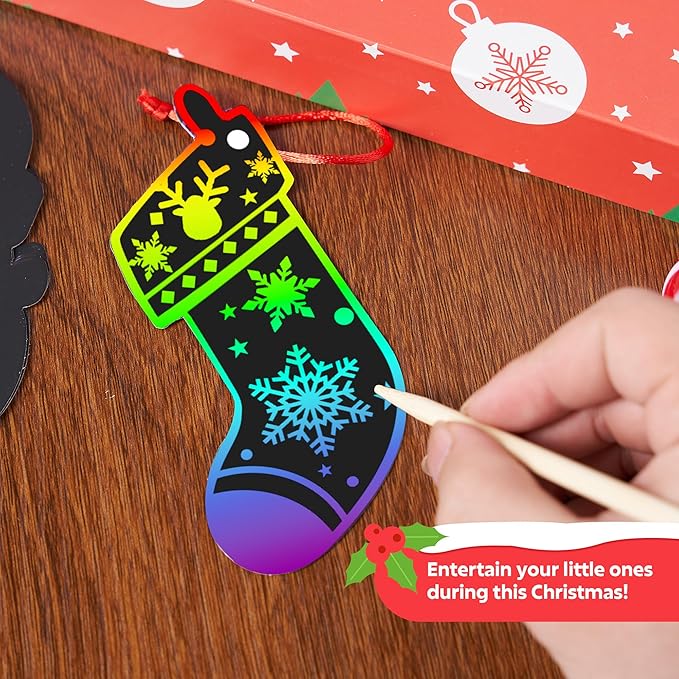 JOYIN 48 Pcs Christmas Scratch Art Ornaments, Scratch Paper Craft Kit Include Snowman, Snowflakes, Christmas Tree, and Reindeer, Rainbow Color Scratch Off Hanging Ornament for Kids Party Favors