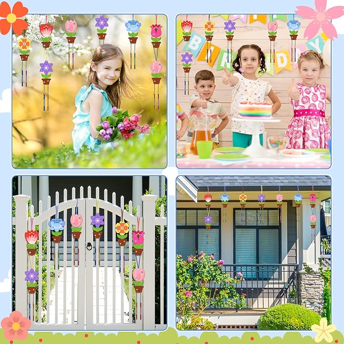 Fennoral 12 Pack Flower Wind Chime Craft for Kids Make You Own Flower Wind Chimes Ornaments DIY Coloring Wooden Art and Craft for Spring Summer Art Activities Birthday Decorations