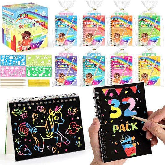 LovesTown 32 Pack Rainbow Scratch Art Notebook Party Favors Bulk for Kids, Rainbow Notebooks with Stencils & Gift Bags, Classroom Prizes Bulk for Girls Boys, Christmas Stocking Stuffers