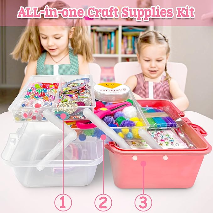 LINAYE 2500+PCS Arts and Crafts Supplies for Kids, DIY Craft Supplies Kit Box for Ages 6-8, Arts and Crafts Kit for Kids, Crafting Supply Set for Girls Boys Birthday Christmas Gifts, Deep Pink