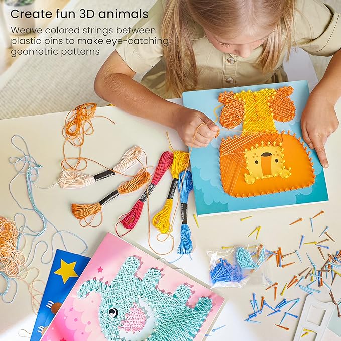 Arteza Kids String Art Kit, Set of 5 Animal Designs, Plastic Pushpins, Art Supplies for Kids Craft Projects and Free Time Activities