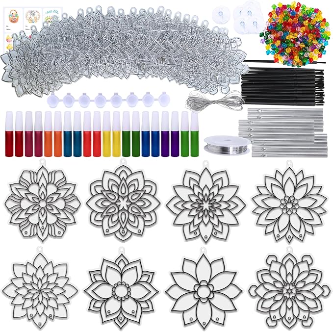 Winlyn 24 Sets Lotus Flower Suncatcher Wind Chimes Decorations DIY Window Paint Art Stickers Craft Kits Flower Sun Catchers for Kids Classroom Birthday Spring Summer Party Activities Art Project