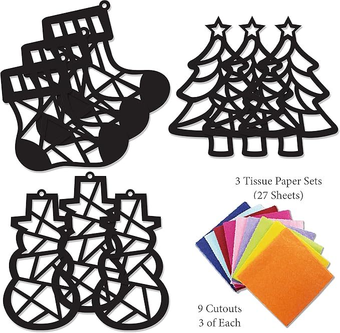 VHALE Suncatchers Craft 3 Sets (9 Cutouts) w Tissue Papers Stained Glass Effect Paper Sun Catcher Kit, Window Art, Classroom Crafts, Creative Art Projects, Kids Party Favors (Christmas)