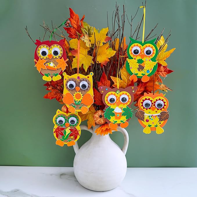 Winlyn 24 Sets Fall Craft Kits Autumn Crafts DIY Fall Owl Ornaments Decorations Art Sets Maple Leaves Pumpkin Foam Stickers Arts and Crafts for Kids Classroom Activities Holiday Harvest Party Favors